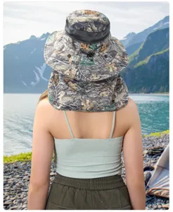 Outdoor camo sun hat with neck flap and breathable mesh for summer hiking and fishing activities.