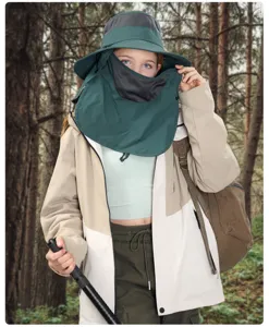 Detailed view of the breathable sun hat with neck flap and face mask for outdoor UV protection.