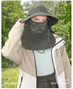 Outdoor sun protection hat with breathable face mask and neck flap, UV block waterproof cap.