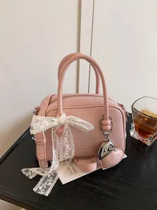 Women Fashion PU Leather Bowling Bag Cute White Lace Bow Pillow Bag Casual Top Handle Crossbody Bag With Pendant