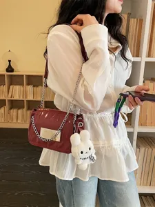Women wine red patent leather chain shoulder bag casual crossbody square handbag.