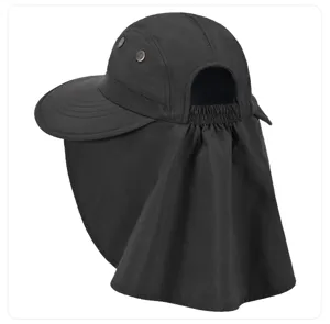 Detailed view of black sun hat with neck flap, breathable mesh and elastic back design.
