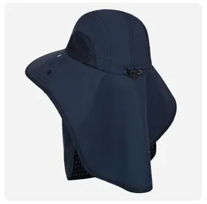 Dark blue sun hat detail view showing breathable mesh panels and extended neck flap design.