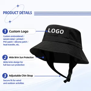 Black bucket hat detail showing wide brim, breathable mesh sides, and adjustable chin strap.