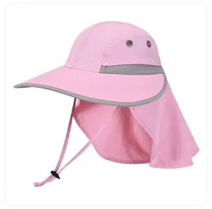 Breathable pink sun hat detail, UV protection neck flap, wide brim outdoor cycling cap.