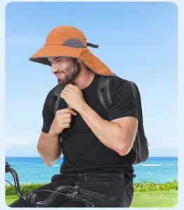 Outdoor cycling sun hat detail, large brim with neck flap, breathable mesh, sun protection.