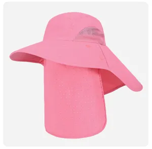 Detail view of the pink sun protection hat featuring breathable mesh and neck flap for outdoor.