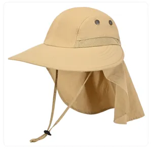 Detail view of the breathable sun hat with neck flap, showing mesh ventilation and strap.