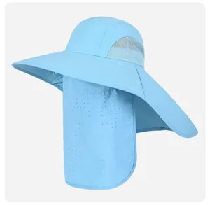 Light blue sun hat with wide brim, neck flap and breathable laser perforated mesh for outdoor use