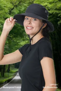 Detailed shot of waterproof bucket hat with UPF50+ sun protection and adjustable chin strap.