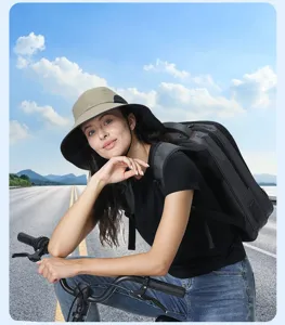 Wide brim sun hat for outdoor commuting, cycling, and hiking with windproof rope protection.