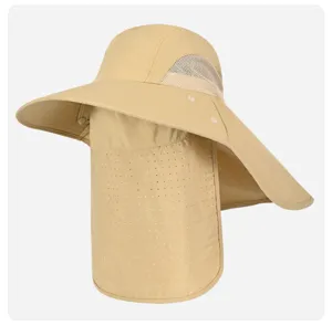 Details of breathable sun protection hat with wide brim, neck flap and mesh for outdoor sports.