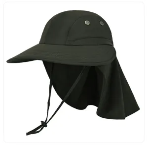Detail view of the breathable dark green sun hat featuring a neck flap and adjustable chin strap.