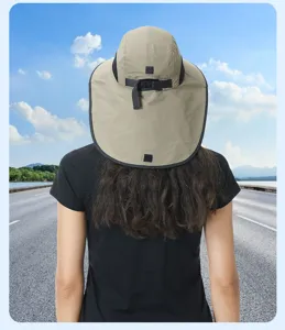Outdoor sun protection hat back view detail, large brim with cape design, breathable fabric.