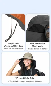 Detail view showing adjustable windproof cord, side breathable mesh holes and 10cm wide brim.