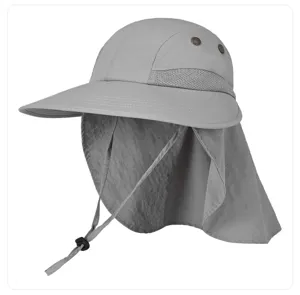 Grey sun protection hat detail showing breathable mesh panels and neck flap design.