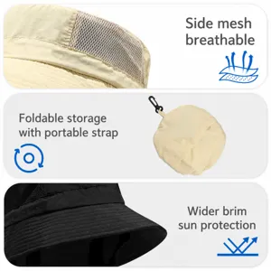 Outdoor sun bucket hat detail showcasing breathable mesh sides and foldable portable design.