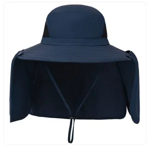 Dunkelblauer Sommer Outdoor Sonnenschutz Fischerhut mit breiter Krempe und Nackenschutz Details