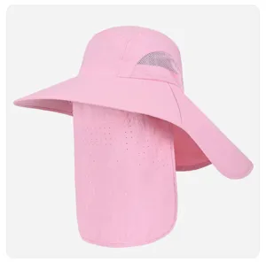Pink wide brim sun hat with neck flap, breathable mesh and UV protection for outdoor sports.