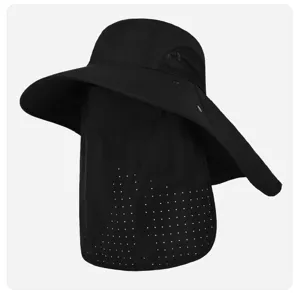 Detailed view of the black sun hat with laser-perforated face mask and wide brim.