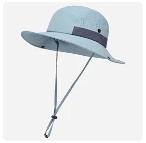 Lightweight breathable outdoor sun protection bucket hat with mesh vents and wind cord.