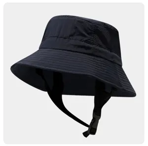 Detailed view of waterproof breathable surf bucket hat with mesh side and windproof strap.