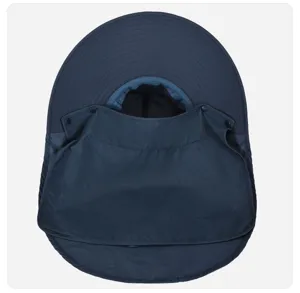 Detailed view of dark blue sun protection hat with laser punched mesh and neck flap design.