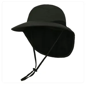 Sombrero de sol negro de verano con ala ancha, solapa para el cuello y cordón ajustable.