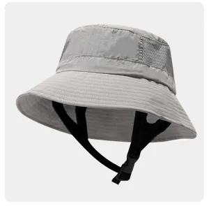 Detail view of breathable mesh and windproof buckle strap on grey outdoor bucket sun hat.