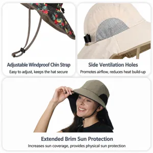 Wide Brim Outdoor Sun Hat UV Protection Breathable Cycling Cap with Windproof Rope