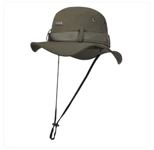 Chapeau de soleil d'extérieur vert armée à large bord, tissu respirant et mentonnière.