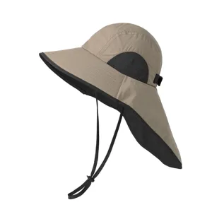 Outdoor wide brim sun hat with neck flap, waterproof windproof UV protection cap for cycling.