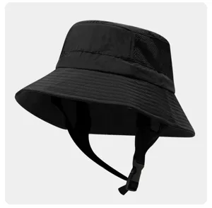Close-up view of the black waterproof bucket hat featuring mesh side panels and a chin strap.