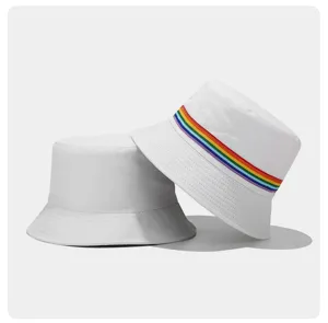 White bucket hat with rainbow stripe ribbon detail, casual cotton sun hat for men and women.