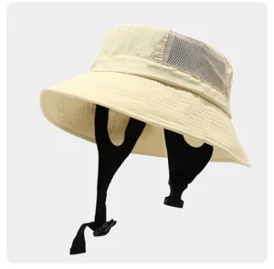 Detailed view of the breathable mesh panel and adjustable chin strap on the summer hat.