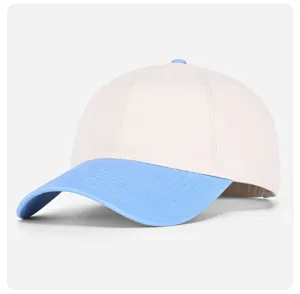 Vista detallada de una gorra de béisbol bicolor con corona beige y visera azul claro.