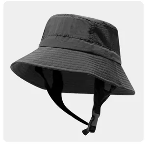 Black outdoor bucket hat with breathable mesh and adjustable chin strap for sun protection.