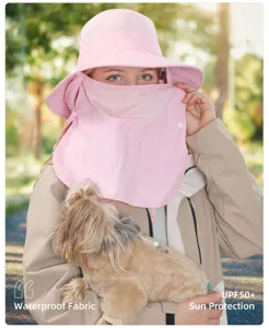 Summer breathable pink sun protection hat with face mask and neck flap for outdoor UV protection.