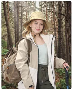 Outdoor sun protection bucket hat detail, breathable and windproof design for hiking and travel.