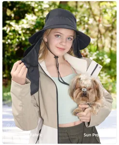 Outdoor sun protection bucket hat detail, breathable fabric with neck flap and adjustable cord.