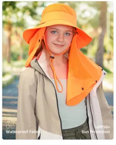 Summer outdoor sun protection hat with neck flap, breathable waterproof design for kids.