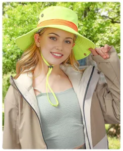 Detail close-up shot of the neon green outdoor sun hat featuring an adjustable cord.