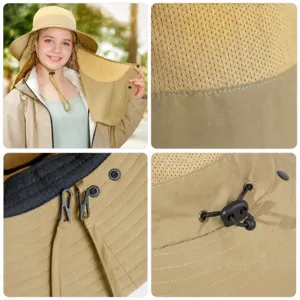 Summer sun protection hat with removable face mask cape breathable mesh and wind cord.