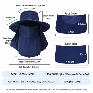 Outdoor sun hat with face mask and neck flap, breathable nylon fabric, adjustable size.