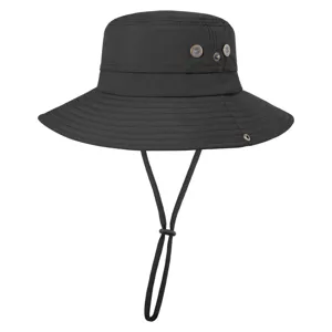 Schwarzer Sommer Outdoor Sonnenschutz Bucket Hat mit breiter Krempe und verstellbarer Kordel.