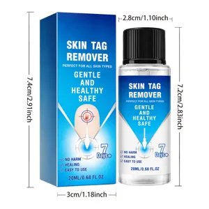 Huidlabel verwijderaar vloeistof met doos en fles, milde formule, huidverzorging 20ml.