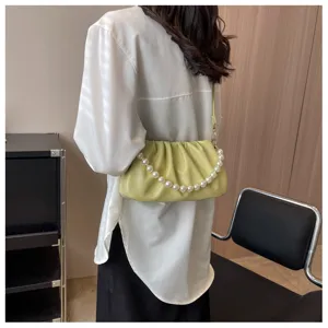 Trendy fashionable ruched underarm shoulder bag with elegant pearl chain strap product detail