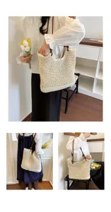Woven tote bag for women, large capacity casual resort style shoulder bag with hollow knit.