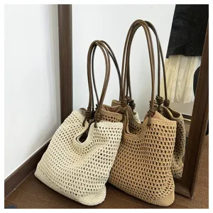 Woven crochet tote bag for women, large capacity casual vacation shoulder bag, detail view.