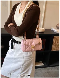 Pink quilted chain shoulder bag for women, stylish PU leather crossbody bag with metal lock.